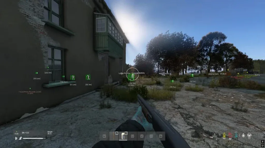 Shotgun view outside a building with green player boxes, an aimbot circle, and distance labels.